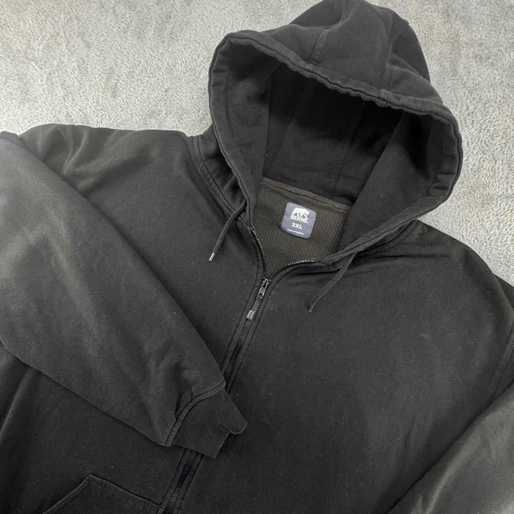 BERNE Mens Black Full Zip‎ Hoodie Sweatshirt Thermal Lined Workwear Size 3XL